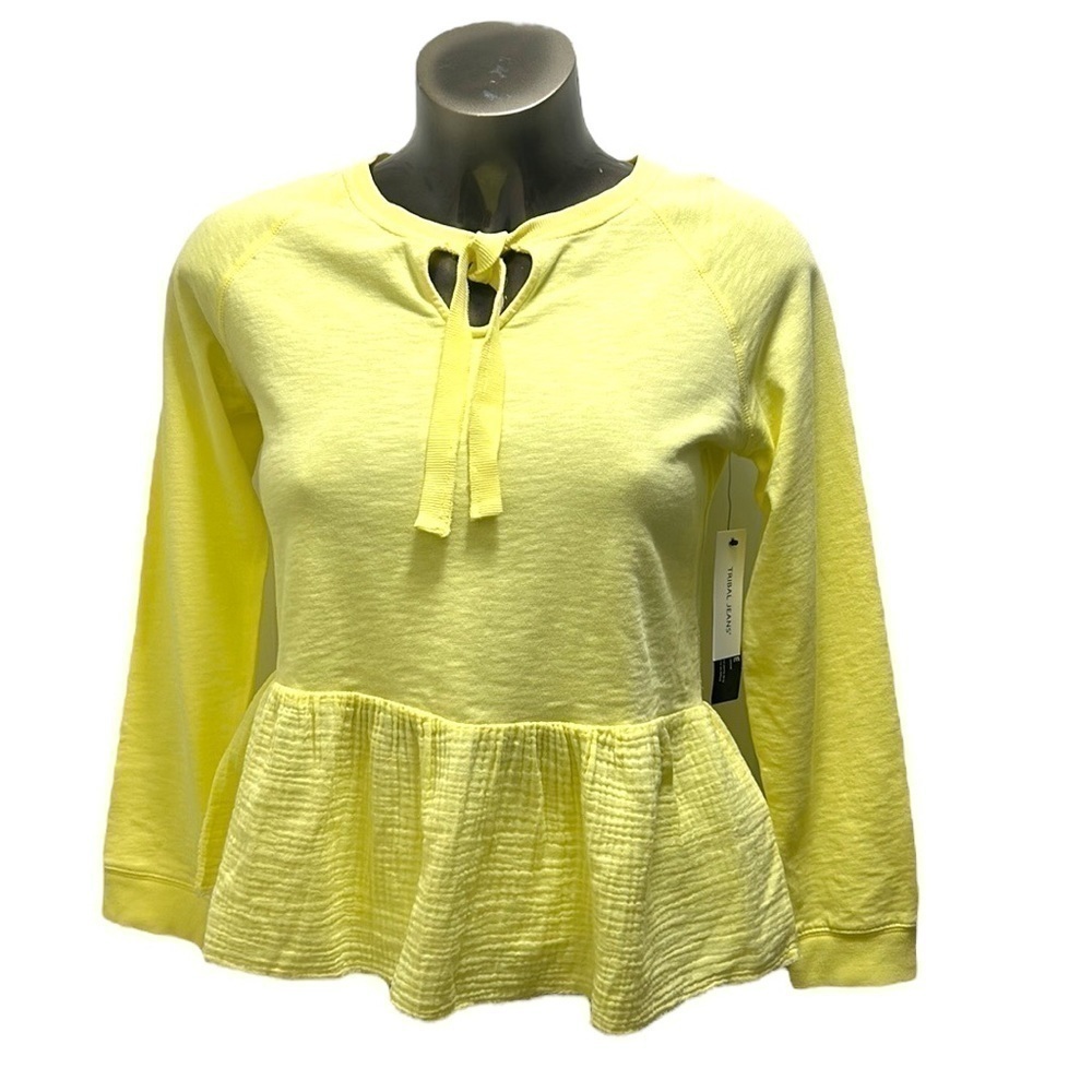 TRIBAL JEANS WIDE TIED NECK TIERED LONG SLEEVE LEMON DROP YELLOW SIZE SWEATER…